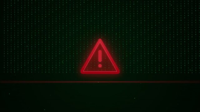 Glowing red warning triangle sign on dark background with digital grid pattern.