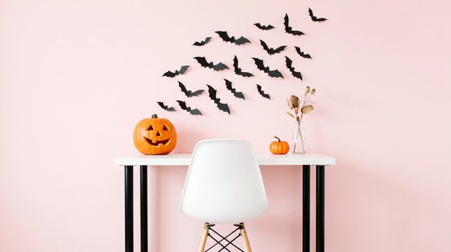 Festive halloween home interior decoration with a carved pumpkin and paper bats on a pink wall