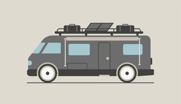 Custom gray camper van with luggage and solar panels on its roof rack designed for outdoor camping adventure.