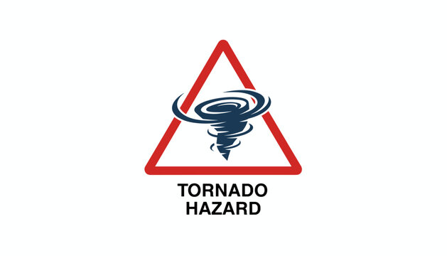 Tornado hazard warning sign with a red triangle frame and a dark blue wind tornado icon over a white background.