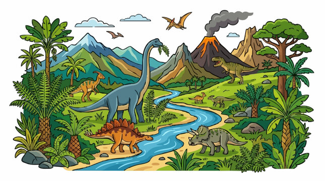 Prehistoric dino valley with towering dinosaurs, lush ferns, volcano, mountains, and river, flat vector illustration, vibrant colors, clean bold outlines, isolated on white background.