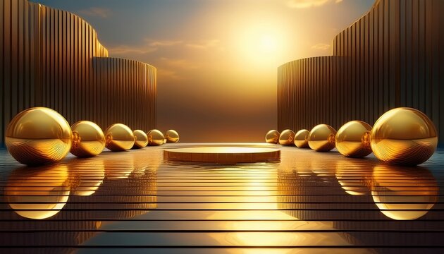 golden spheres resting on water like platforms