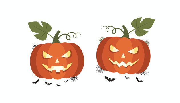 Two scary carved jack o lantern pumpkins with glowing green leaves and bats flying beneath them.