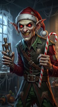 Creepy Elf Holding Candy Canes in Dark Workshop.