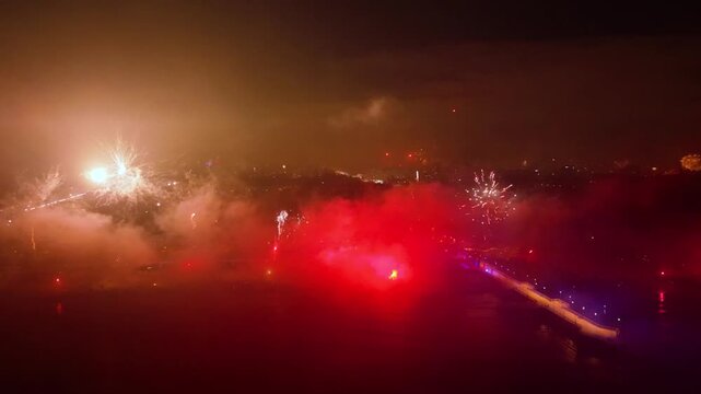 New Years fireworks display on the beach in Gdansk Brzezno, Poland