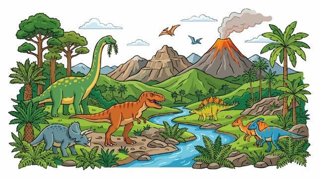 Prehistoric dino valley with towering dinosaurs, lush ferns, volcano, mountains, and river, flat vector illustration, vibrant colors, clean bold outlines, isolated on white background.