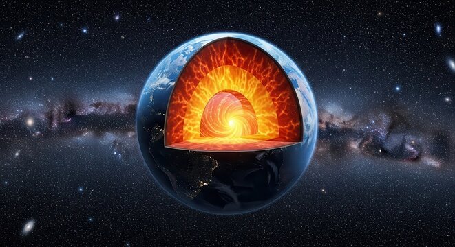 Cross section of Earth showing molten core and layers.