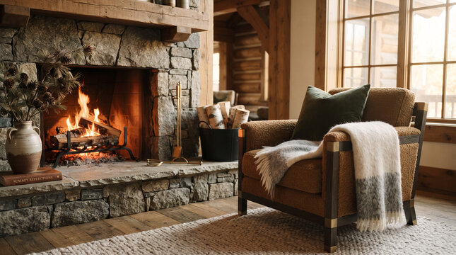 Cozy cabin living room with stone fireplace and armchair by window