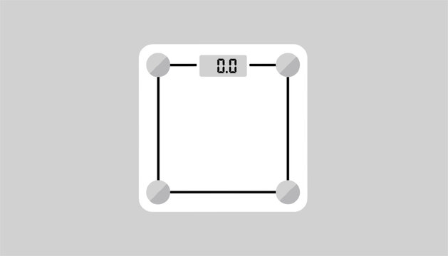 Sleek white digital bathroom scale on a grey background stands ready for use with a clear display showing zero.