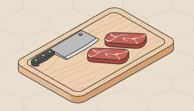 Two raw marbled steaks lie next to a sharp metal cleaver on a wooden cutting board shown in isometric view.