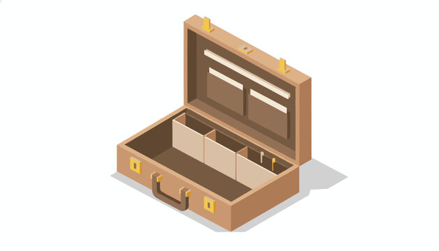 Open empty brown leather briefcase is shown from an isometric perspective on a clean white background.
