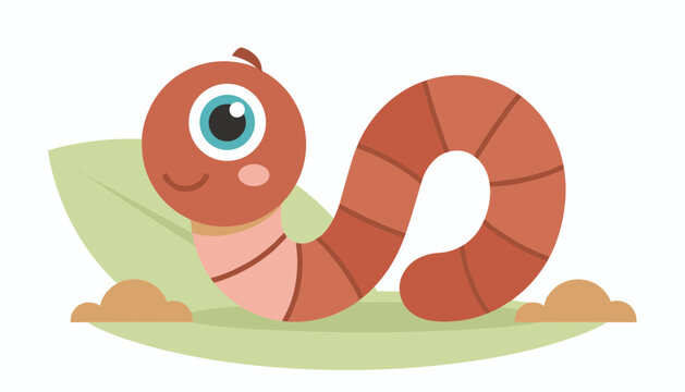 Cute cartoon earthworm with a big blue eye smiles cheerfully while crawling on a green leaf and soil.