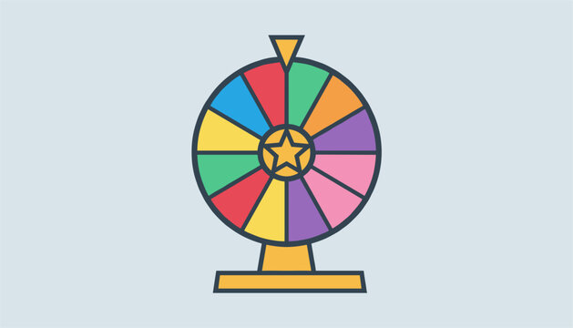 Colorful fortune wheel with multi-colored sectors and a gold star in the middle stands on a light background.