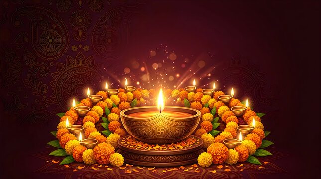 Beautiful glowing diya lamps celebrating the festive holi day event