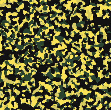 Camouflage Pattern with Irregular Organic Shapes, Camo Texture Featuring Dense Yellow Black Patches, Tactical with Random Organic Fragments, Creative Fashion Camo Surface, Military Texture 