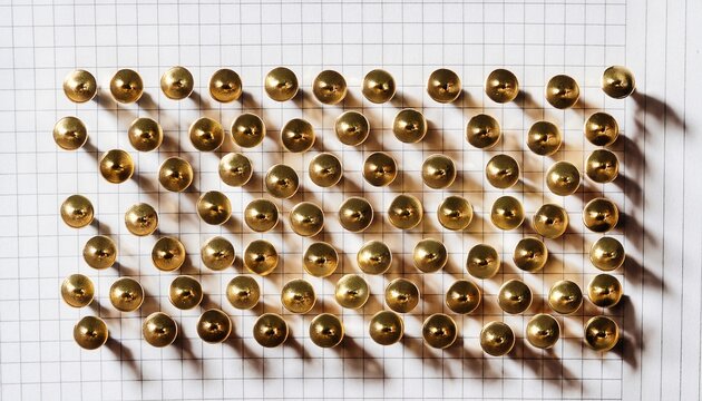 push pins on paper sheet top down view of shiny brass thumbtacks arranged in neat grid pattern for office organization concept