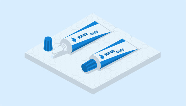 Isometric view of two super glue tubes with one open and its cap lying nearby on a textured grey background, depicting repairs.