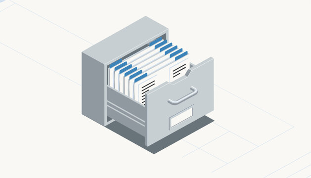 Isometric office file cabinet drawer opened and filled with document folders and index tabs on white background.