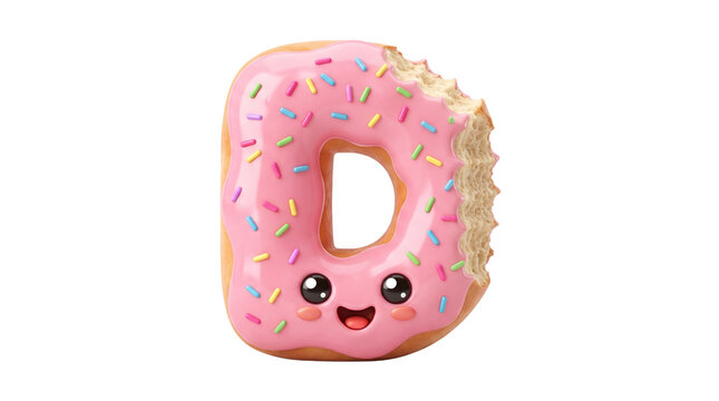 Sweet pink donut letter D, a delicious baked dessert with colorful sprinkles and a playful kawaii face, sugary confectionery for fun food branding isolated PNG with Transparent Background