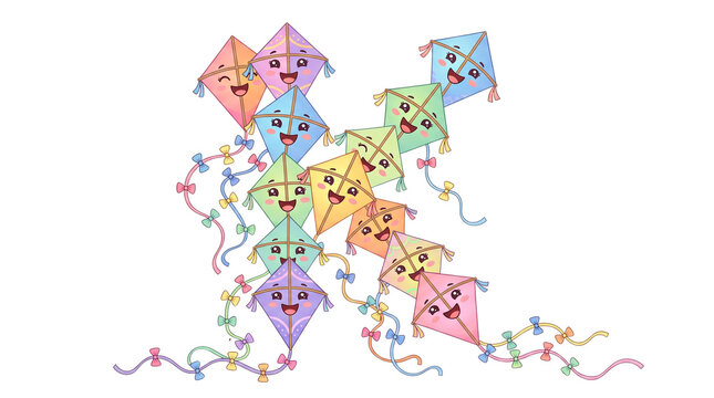Colorful cartoon kites with smiling faces, a playful collection of flying kites, vibrant spring and summer recreation, cheerful kite festival illustration isolated PNG with Transparent Background