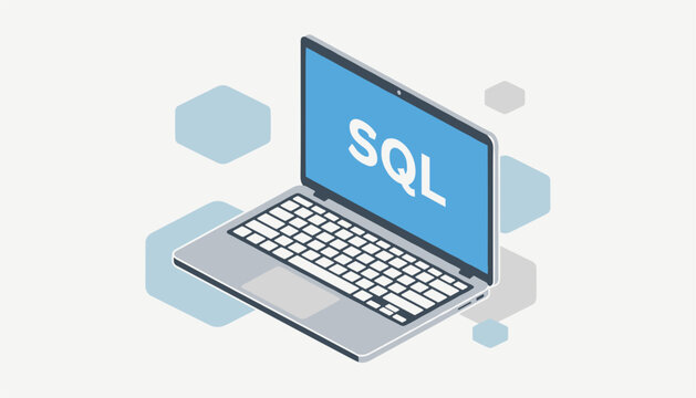 Isometric silver laptop with SQL text displayed on blue screen surrounded by abstract data hexagon shapes.