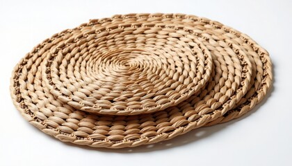 Obraz premium woven placemats made of natural seagrass, three round braided placemats nested on white background with visible handwoven texture, durable natural fiber, neutral farmhouse tones,
