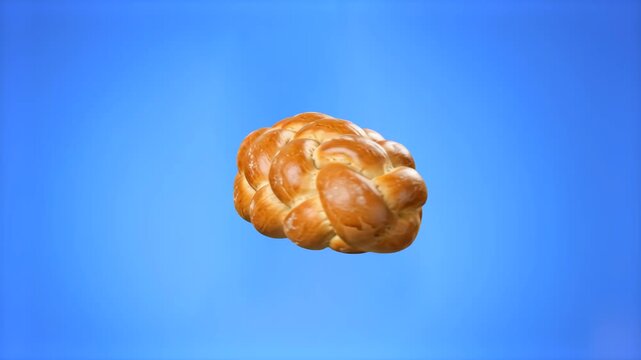 A high-quality 3D illustration of a traditional braided bread pastry, hovering horizontally against a solid light blue backdrop. Excellent for gourmet bakery shop banners, yeast dough recipe layouts, 