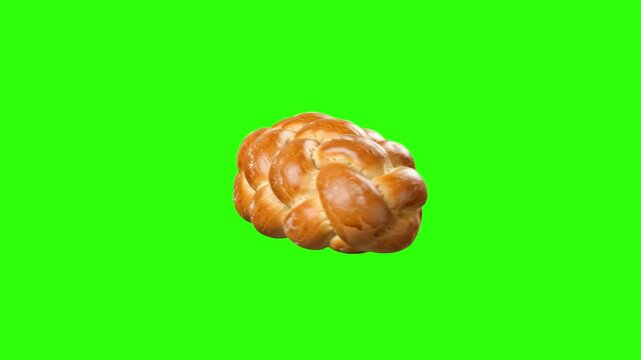A professional 3D rendering of a fresh braided bread loaf with a glossy golden crust, floating horizontally and isolated on a bright chroma key green screen background. Great for commercial video over