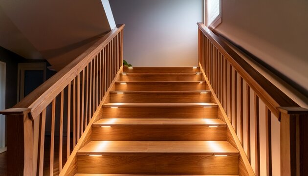 staircase with warm low light led steps and wooden treads newly sanded interior home entryway with modern railing and shadows
