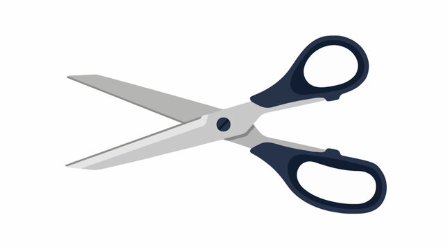 Modern scissors with open blades, minimalist flat vector design, simple geometric shapes, stationery accessory, isolated on white background.