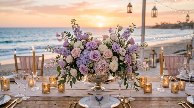 Romantic beachside wedding reception table setting at sunset
