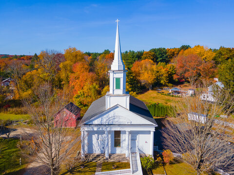 First Congregational Church aerial view at Old Douglas Town Common in fall with foliage in historic town center of Douglas, Massachusetts MA, USA. 