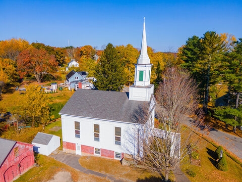 First Congregational Church aerial view at Old Douglas Town Common in fall with foliage in historic town center of Douglas, Massachusetts MA, USA. 