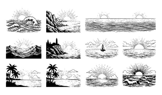 Vintage sunrise engraving vector set with ocean waves mountains coastal landscapes and etched sun designs