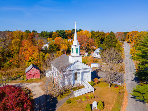 First Congregational Church aerial view at Old Douglas Town Common in fall with foliage in historic town center of Douglas, Massachusetts MA, USA. 