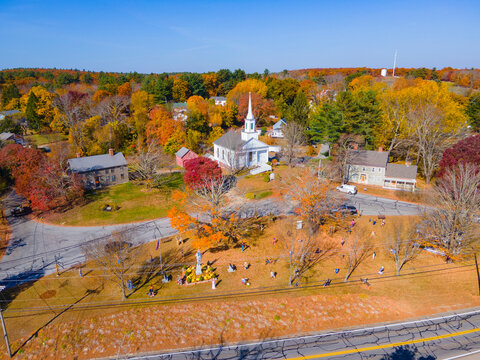 Old Douglas Town Common and First Congregational Church aerial view in fall with foliage in historic town center of Douglas, Massachusetts MA, USA. 