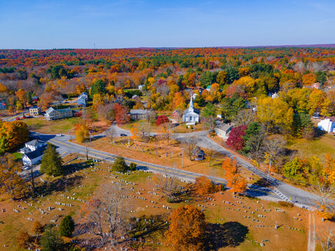 Old Douglas Town Common and First Congregational Church aerial view in fall with foliage in historic town center of Douglas, Massachusetts MA, USA. 