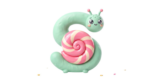 Charming claymation snail character, a cute green letter S with a pink and white spiral shell, whimsical children's alphabet design, playful educational graphic resource isolated PNG with