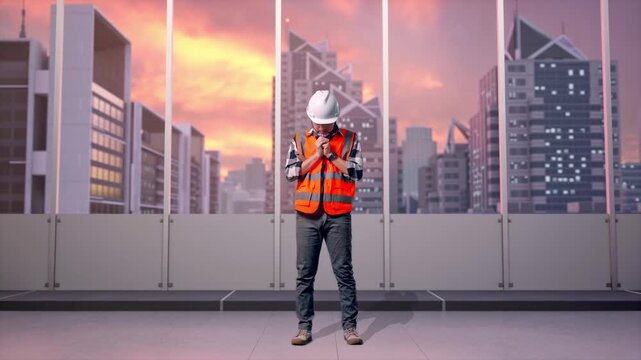 Full Body Of Asian Male Engineer With Safety Helmet Pray For Something While Standing at Office with Panoramic City Skyline at Sunset