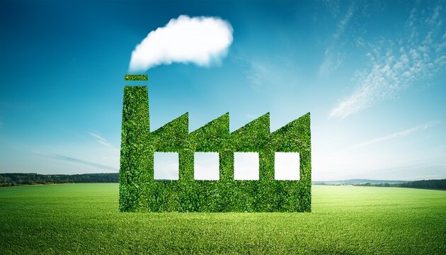 green factory building covered in leaves emitting white smoke in a field eco industry concept