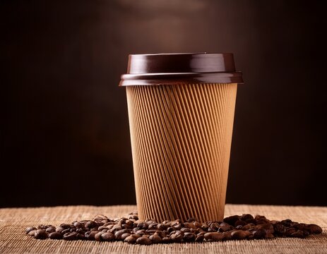 craft takeaway coffee cup paper cup on table with coffee beans