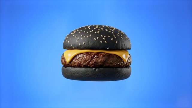 Stylish black bun cheeseburger with a grilled beef patty and melted cheese hovering against a solid blue screen background. Perfect for trendy food promos, fast food commercials, Halloween menu advert