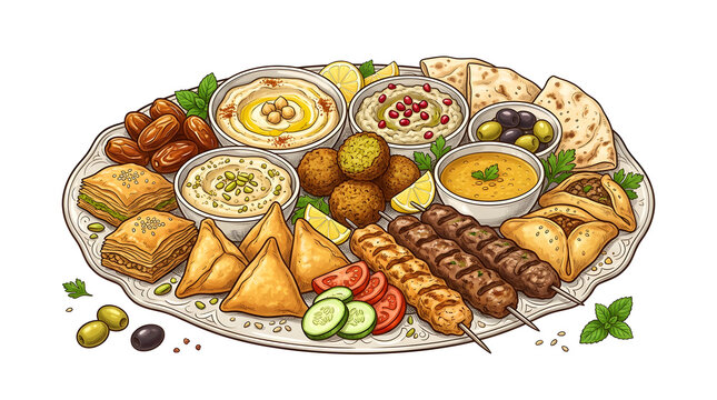 Ramadan Iftar Feast Platter Vector with Assorted Kebabs, Samosas, Dips, and Mediterranean Sweets