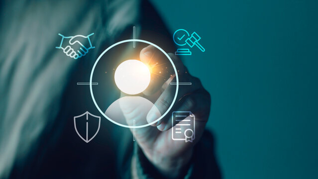Business law and compliance concept with professional selection, justice, security and certification icons, legal services, ethics, governance, recruitment, trust and corporate responsibility.