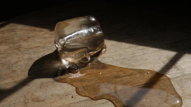 Melting ice cube with water puddle on rustic wooden table with dramatic sunlight and shadow pattern in moody still life photography