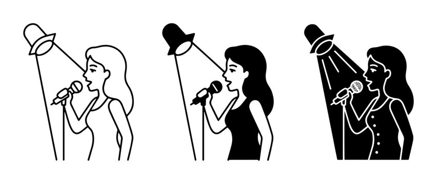 Singer Performing with Spotlight, Vocalist Icon Set, Music Performance Vector Graphics