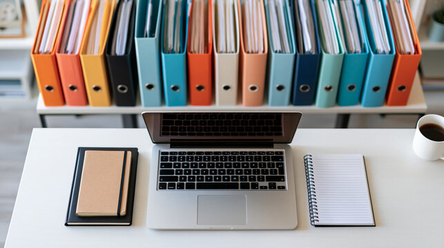 Top-down view of an organized bright desk with a laptop, notebook, and neatly arranged file folders forming a grid pattern, business efficiency and organization concept, soft studi