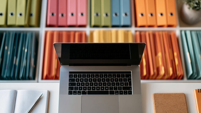 Top-down view of an organized bright desk with a laptop, notebook, and neatly arranged file folders forming a grid pattern, business efficiency and organization concept, soft studi