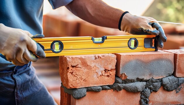 bricklayer s string line and spirit level on stone masonry during precise construction work at a brick wall site