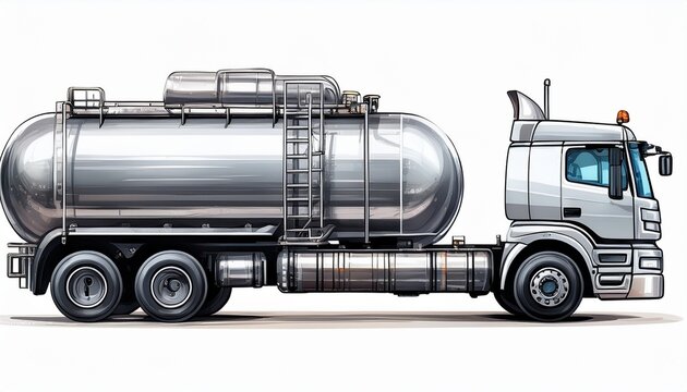 heavy duty silver tanker truck isolated side view on white background